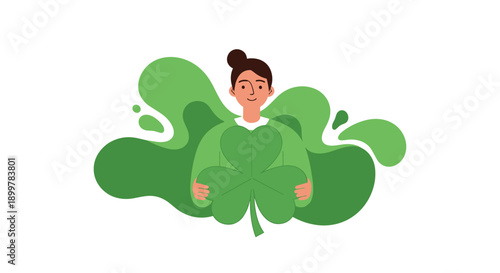 Smiling woman holding large green four leaf clover surrounded by vibrant liquid shapes, Generative AI.