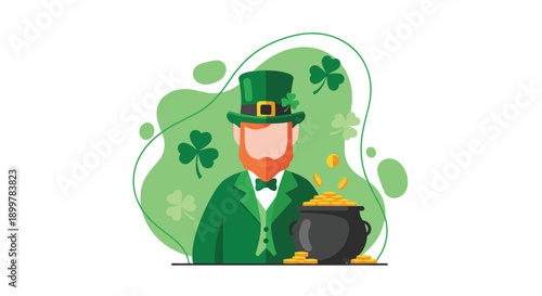 Leprechaun guarding pot of gold coins on St Patrick's Day, Generative AI.
