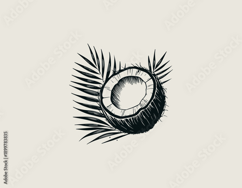 black line illustration shows sliced coconut with tropical palm leaves