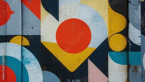 Colorful Abstract Wall Design Featuring Blue, Pink, Yellow, and Black Shapes ...