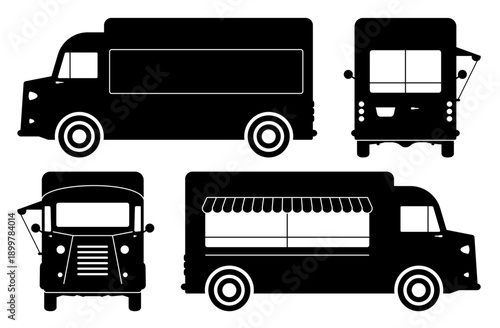 Food truck vector silhouette view from side, front and rear. Isolated vehicle pictograms