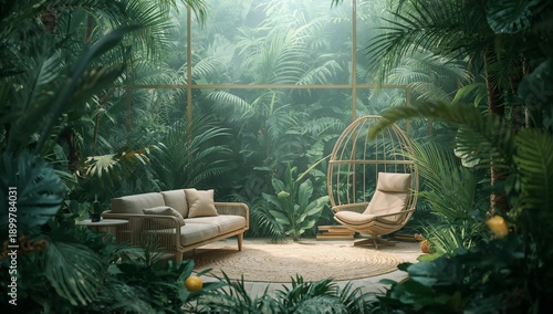 Green Space With a Cozy Seating Area Surrounded by Tropical Plants in Daytime...