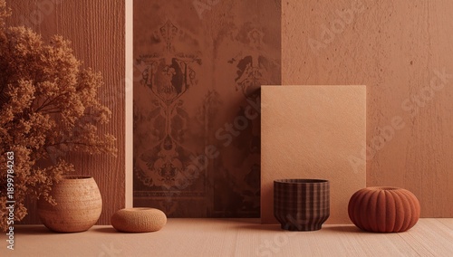 Interior Design With Vases and Natural Decor in Warm Brown Tones During Eveni...
