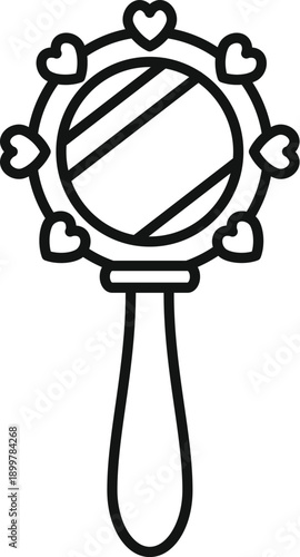 Baby rattle toy with hearts and lines outline, flat vector illustration