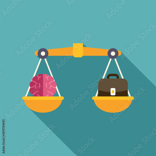 Brain and briefcase balancing on weighing scales, representing work life balance decisions