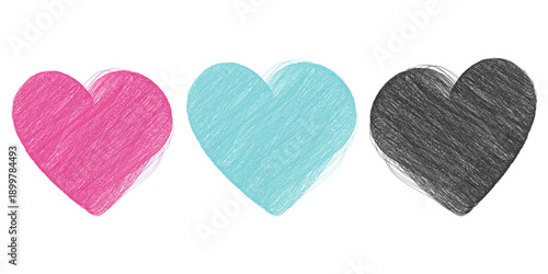 Pink Blue and Black Hand drawn Scribbled Hearts February 14 Minimalist Flat Design element idea Set. Isolated Vector illustration St Valentines Day Greetings Thematic Cards Decorative element Sticker
