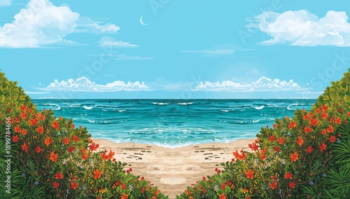 View of the Ocean Between Green Hills Near a Sandy Beach on a Clear Day