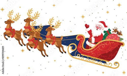 Santa Claus flying in red sleigh with reindeer across starry winter sky with Christmas gift sack for festive holiday celebration