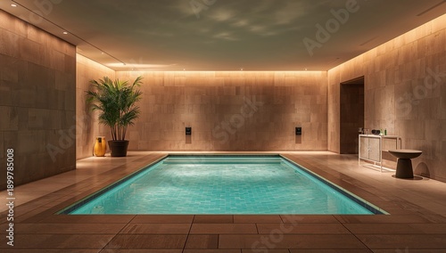 Indoor Pool Area With Plants and Soft Lighting in a Modern Setting at Night Time