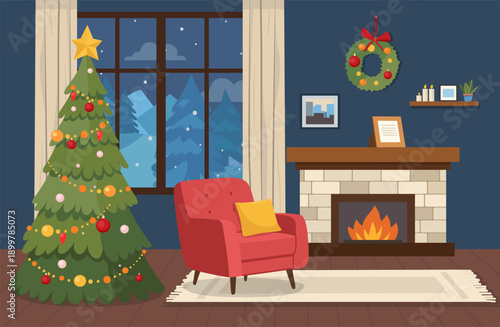 Flat vector illustration of a cozy Christmas living room with decorated tree, fireplace, armchair and winter window view. Warm festive home interior scene for holiday design.