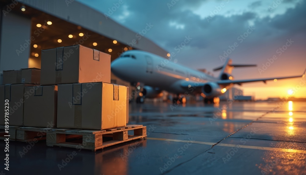 Fototapeta premium Cardboard boxes stacked on wooden pallet at airport tarmac. Cargo airplane waits near hangar with lights. Global delivery and distribution concept.