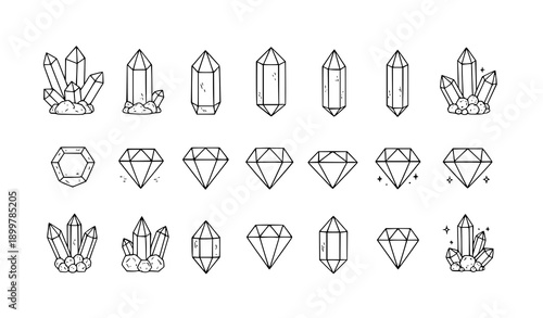 Magic crystal and diamond line clipart vector bundle with hand drawn esoteric gemstones