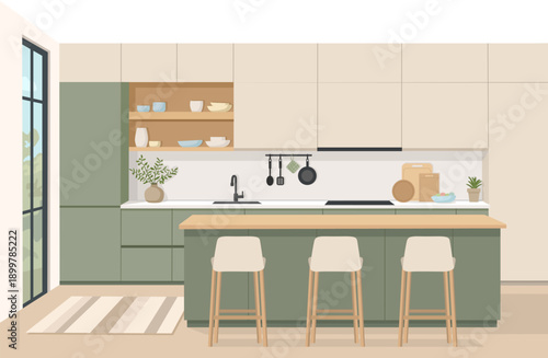 Flat vector illustration of a modern kitchen interior with green cabinets, kitchen island, bar stools, dishes and plants. Cozy minimalist home kitchen scene for web, apps and interior design projects.