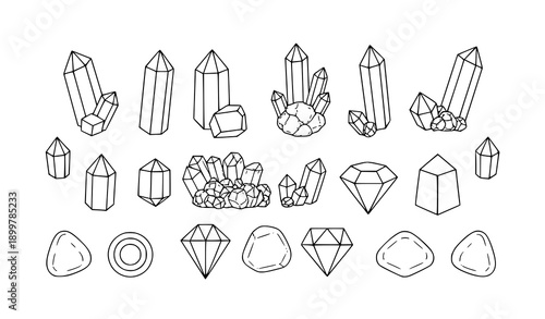 Minimal mystical crystal line art vector set with hand drawn diamond and gemstone symbols