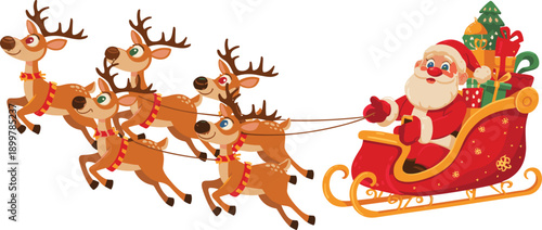 Santa Claus flying in red sleigh with reindeer across white background with Christmas gift sack for festive holiday celebration,