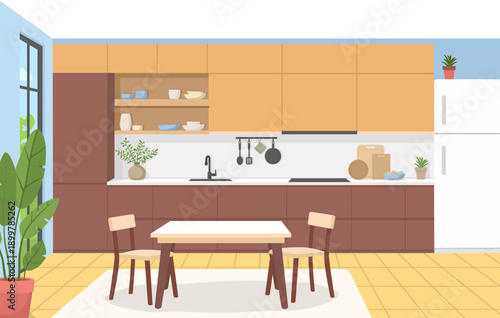 Flat vector illustration of a modern cozy kitchen interior with dining table, chairs, cabinets, fridge and plants. Minimal home kitchen scene in warm colors for web and print design.