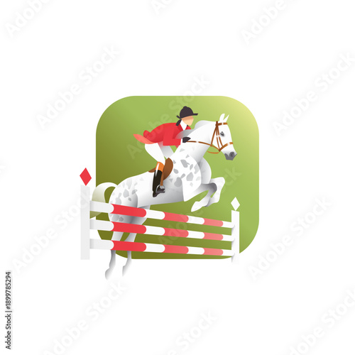 White horse with rider jumping through the obstacle, equestrian vector icon, show jumping scene