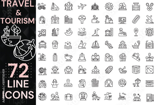 Travel and Tourism Line Vector Icons Set Including Vacation, Journey, Destination, Transport and Travel Planning Symbols