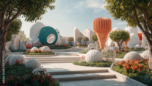 Spring Day in a Colorful Garden With Unique Sculptures and Green Plants