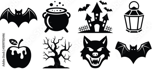 Halloween-themed icons featuring classic spooky and mystical symbols isolated on white background, Vector, illustration