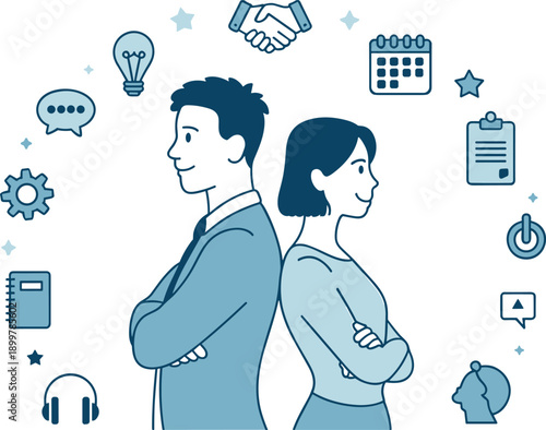 Young professional freshers starting new career, male and female employees back to back, business onboarding icons, corporate recruitment, internship, growth, hiring