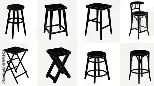 Varied designs of bar stools and folding chairs in black and white illustration isolated on white background, Vector, illustration