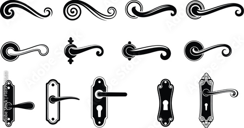 Decorative handles and ornate door knobs in black and white illustration style isolated on white background, Vector, illustration
