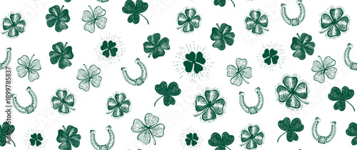 St. Patricks Day, clover pattern on white. Hand drawn illustrations	
