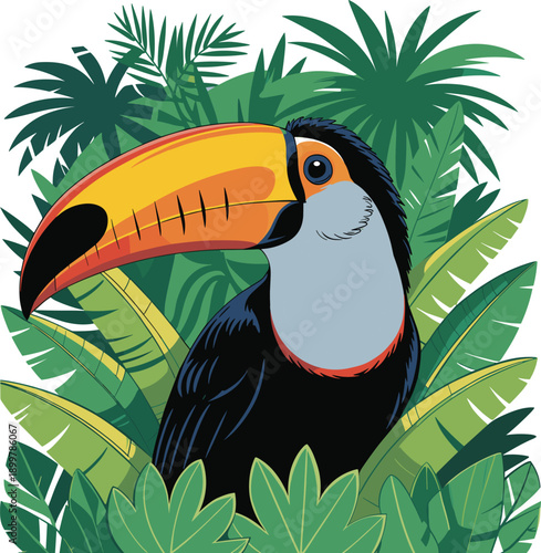 Vibrant flat vector illustration of a Toco Toucan bird with a large orange beak sitting in a lush green tropical jungle