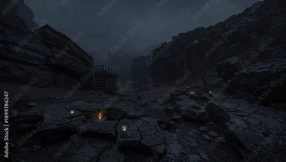 Obraz premium Scene of Rocky Terrain With Distant Structures and Dim Lighting at Night