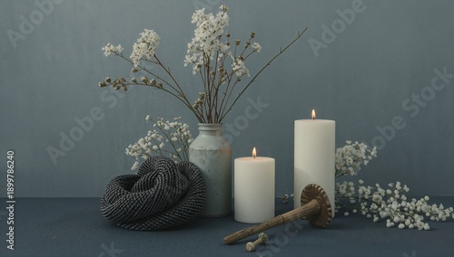 Decorative Objects on a Gray Surface With Natural Elements in a Simple Arrang...