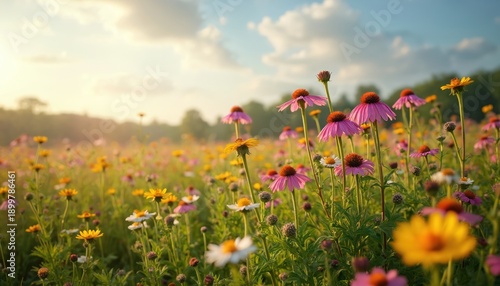 Wild meadow with pink and yellow coneflowers bloom under soft morning sun. Green grass and blue sky with clouds create natural scene. Peaceful countryside landscape with vibrant floral.