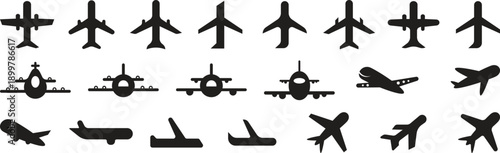Aircraft icon set. Airplane silhouette collection. Silhouette jet flying plane icon. airplane flat symbol isolated illustration. Aircraft vector icons
