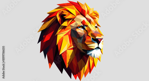 Vibrant polygonal lion head in shades of orange, yellow and red against a light gray background with a low poly art style.