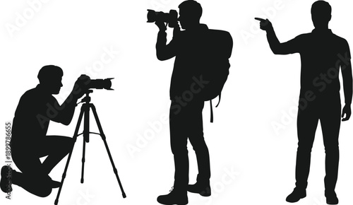 Photographer directing a scene with a model and assistant on set isolated on white background, Vector, illustration
