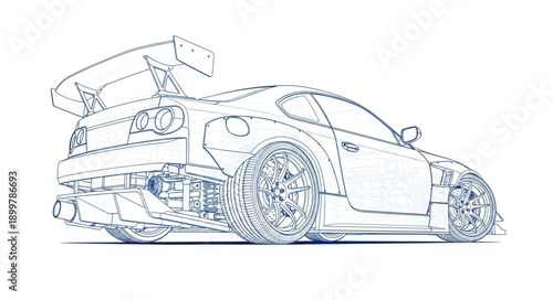 Detailed Blueprint Drawing of a Sports Car.