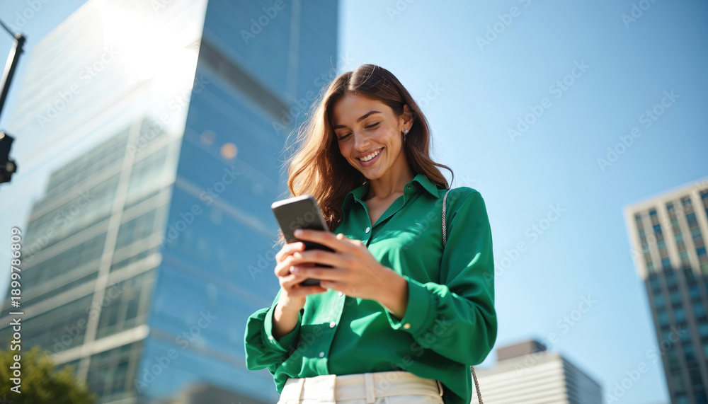 Fototapeta premium Young woman smiles looking at phone outdoors near modern glass buildings. She wears a green shirt. Business woman uses smartphone in city. Clear blue sky.