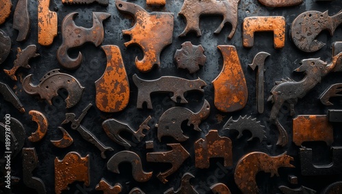 Metal Parts Are Arranged on a Dark Surface in an Abstract Pattern During Dayl...