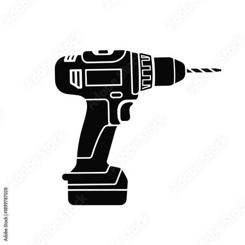 A black and white illustration of a cordless drill with a bit attached isolated on white background, Vector, illustration