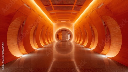 Bright Orange Hallway With Circular Patterns in Modern Building Design
