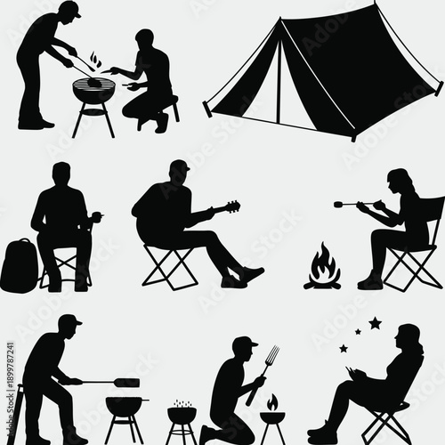 Silhouettes of people enjoying various camping and outdoor activities isolated on white background, Vector, illustration