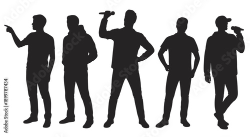 Five silhouettes of people in different casual poses against a plain background isolated on white background, Vector, illustration