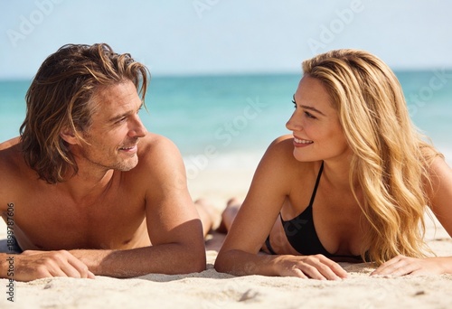 Couple on a sandy beach. Both are smiling  with the bright turquoise ocean and a clear blue sky stretching out behind them.