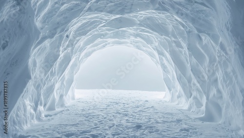 Snow Cave Entrance With Bright Light Shining on the Snowy Ground in Winter