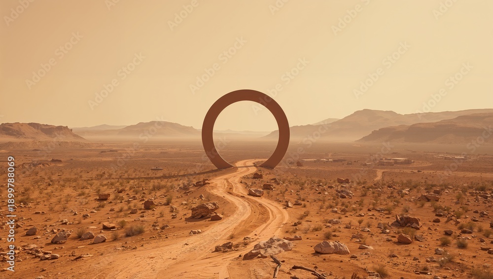 Fototapeta premium Desert Path Leads to a Large Stone Structure Under an Orange Sky in the Middle of a Barren Landscape