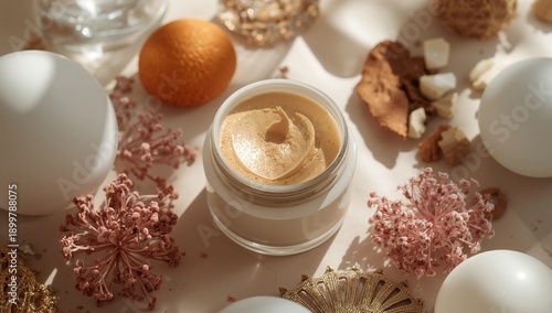 Natural Skin Care Products Displayed on a Table With Decorative Items and Flo...