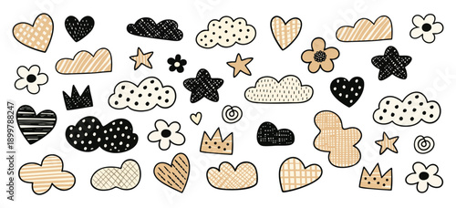 Set of hand-drawn doodle elements including hearts, stars, clouds, and flowers in scandinavian boho style for nursery and kids design.