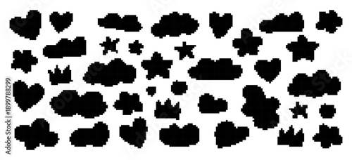 Set of black pixel art silhouettes featuring clouds, stars, hearts, and crowns in a retro 8-bit style, isolated on a white background.