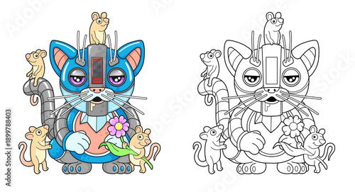 Cute little robot cat, coloring page for kids