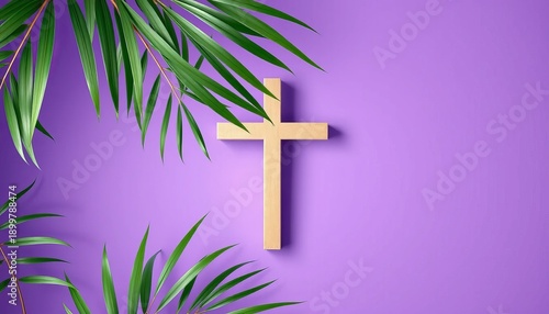 A wooden cross surrounded by palm leaves on a purple background symbolizing Palm Sunday or Holy Week